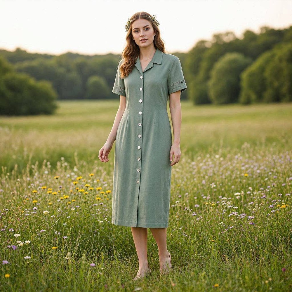 Vintage 90s Cottagecore Quiet Luxury Sage Green Linen Blend Midi Dress 14